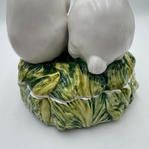Pair of Bunny on top an  ITALIAN CACHEPOT Easter spring large read white green - Picture 8 of 16
